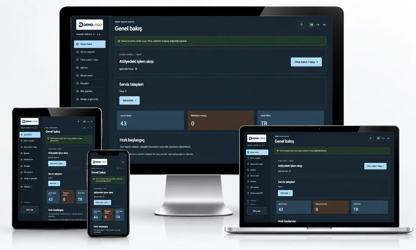 Teknik Servis V1 – Online Servis Talep ve Cihaz Takip Sistemli Web Sitesi · Yönetim paneli